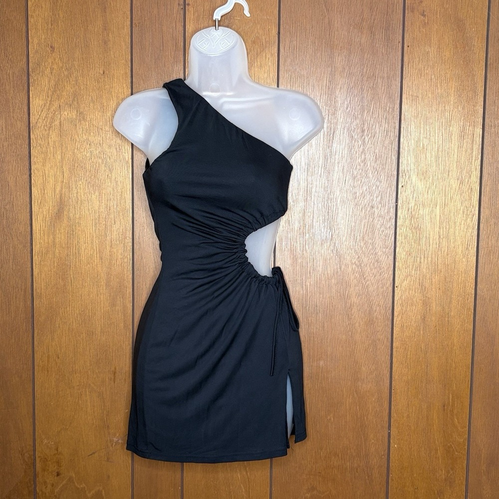 Edikted Dress Women XS Black Cutout Slit One Shoulder Ruched Y2K Baddie Club